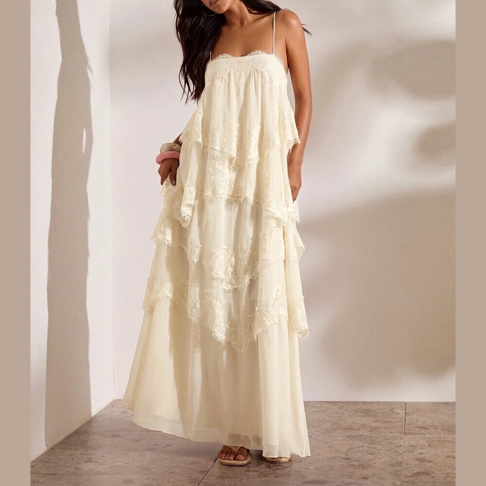 Cream Lace Trim Tiered Ruffle Spaghetti Strap Maxi Dress